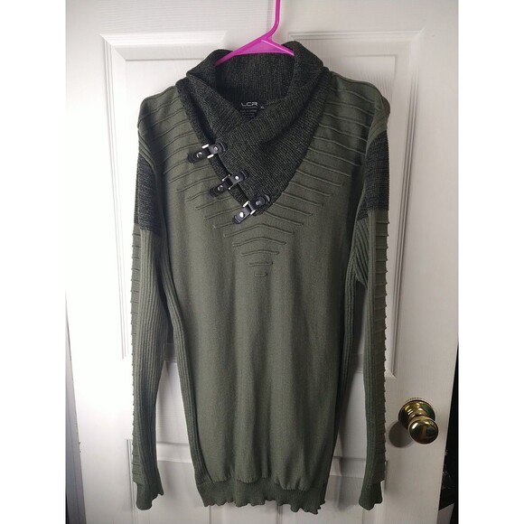 LCR Men's XL Black Edition Olive Green Shawl Color Leather Snap Accent Sweater - Picture 1 of 9
